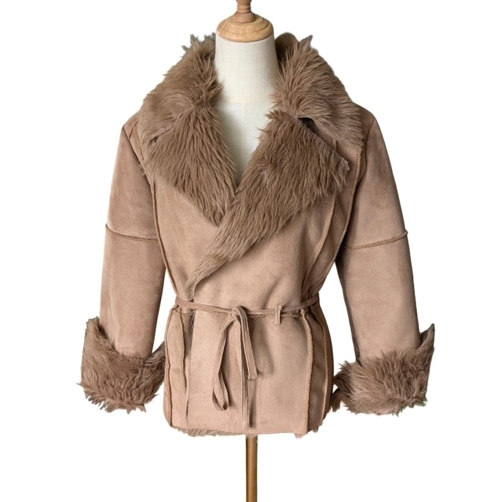 ✨ Twenty Twenty Size L Tan Faux Suede & Fur Belted Wrap Jacket 🧥 Cozy & Chic - Picture 15 of 16